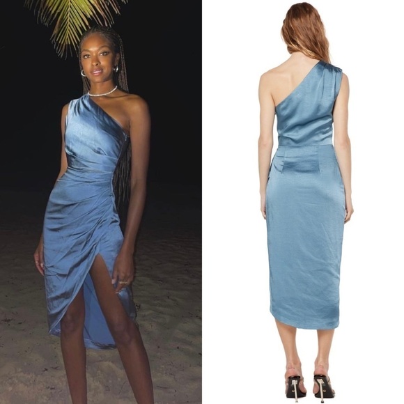 *NWT ELLIATT 70s Satin Sleeveless 1 Shoulder Ruched Faux Wrap Asymmetric Dress M - Picture 3 of 16